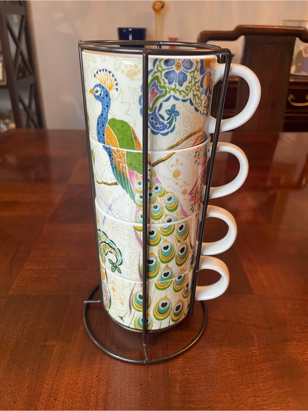 Pier 1 Imports Peacock Stackable Coffee Tea Mug Set Colorful Tropical Pattern